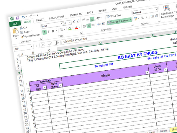 Hướng dẫn cách ghi sổ nhật ký chung trên Excel