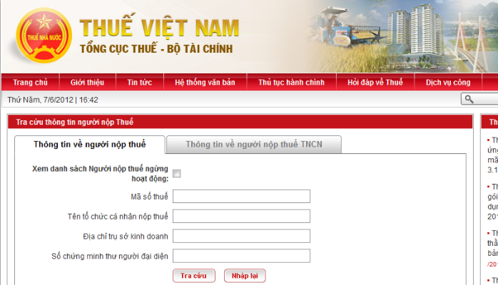 Tra cứu mã số thuế Công ty, Cá nhân trên trang web của Tổng cục thuế- Bộ tài chính Thuế Việt Nam