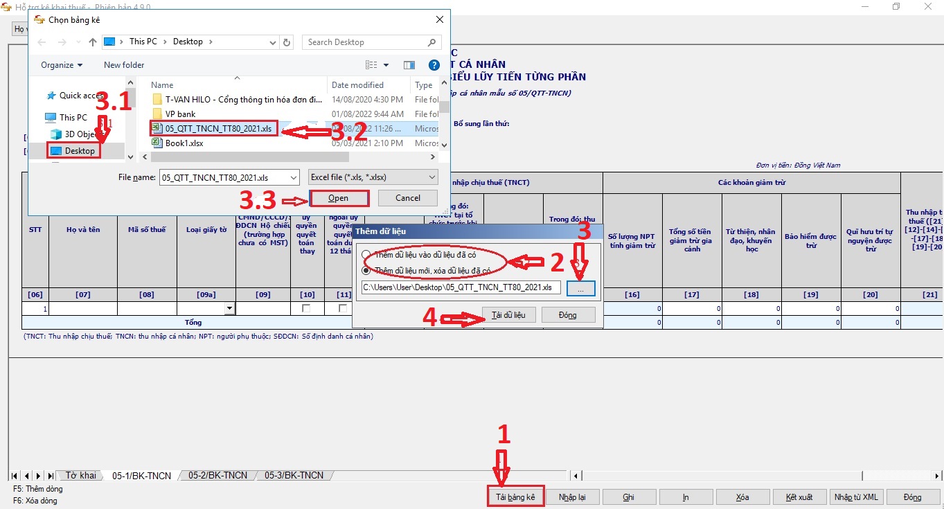 Chi tiết khi thêm file excel vào HTKK